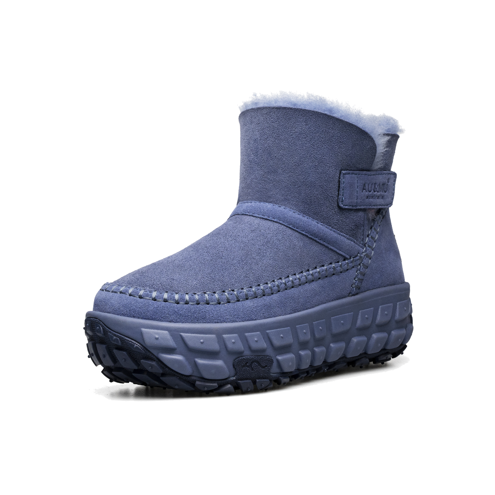 羊皮毛一体翻领厚底短筒雪地靴 N3001 · 蓝色