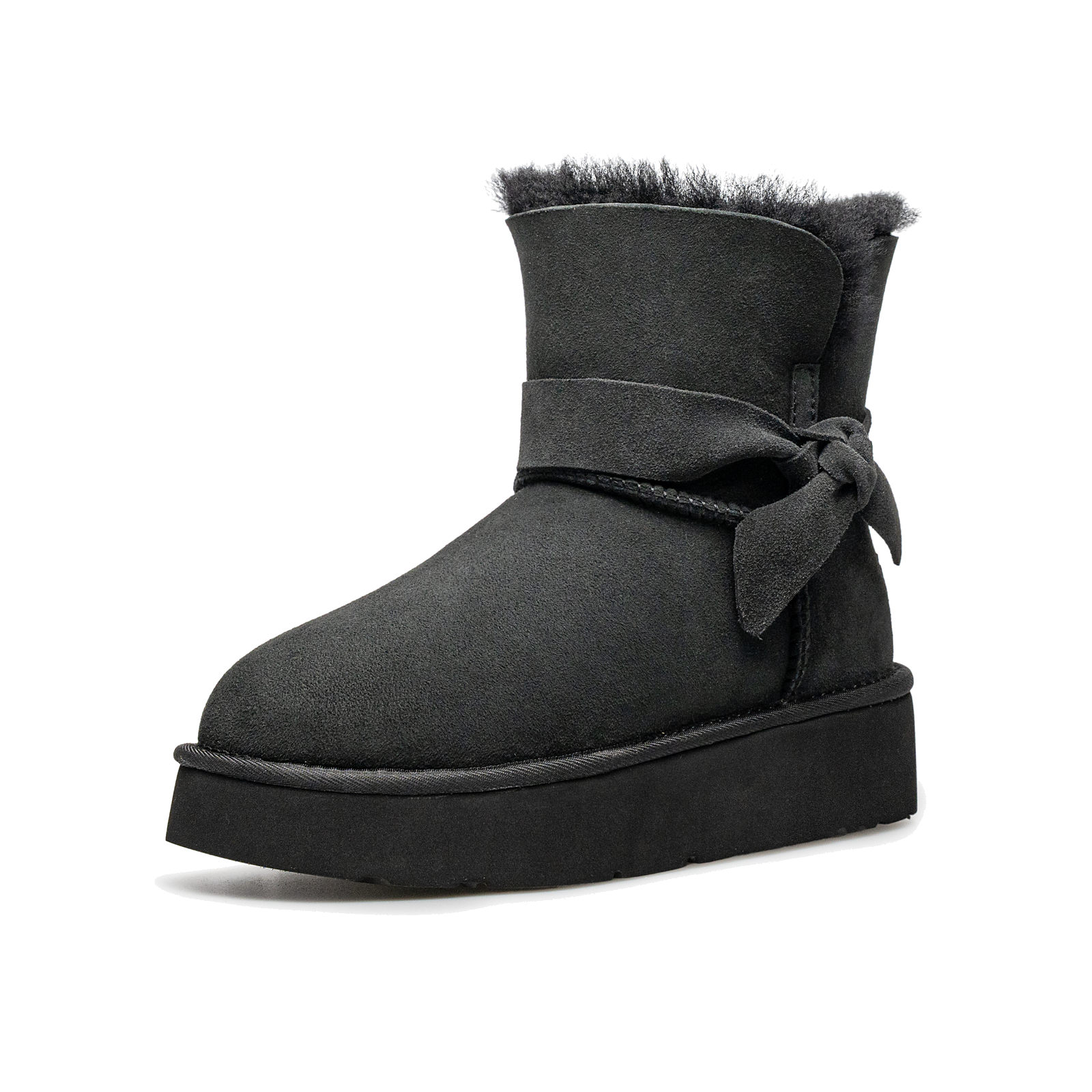 羊皮毛一体翻领蝴蝶结短筒雪地靴 N3008 · 黑色