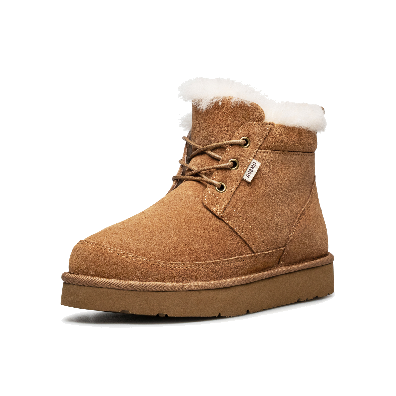 羊皮毛一体翻领系带短筒雪地靴 N3118 · 栗色